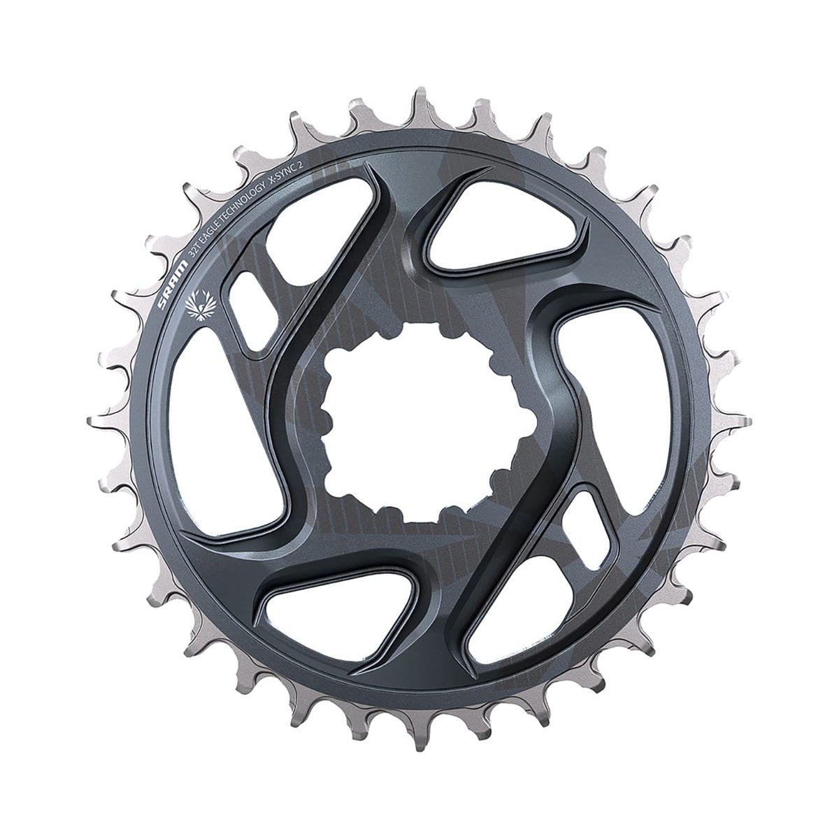 Plato monoplato SRAM X-SYNC 2 EAGLE de 12 velocidades, montaje directo, desplazamiento de 6 mm, gris lunar — vista del plato sobre fondo blanco