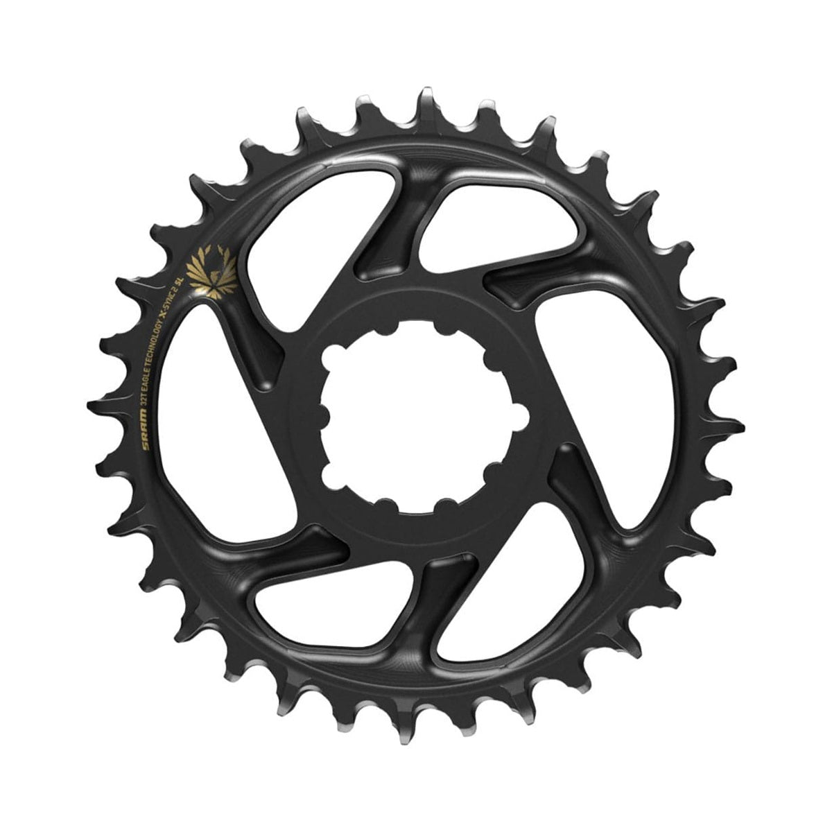 Plato monoplato SRAM EAGLE X-SYNC 2 SL BOOST de 12 velocidades, montaje directo, desplazamiento de 3 mm, negro y dorado — vista del plato sobre fondo blanco