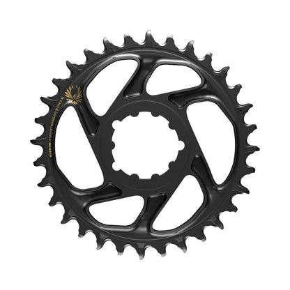 Plato monoplato SRAM EAGLE X-SYNC 2 SL BOOST de 12 velocidades, montaje directo, desplazamiento de 3 mm, negro y dorado — vista del plato sobre fondo blanco