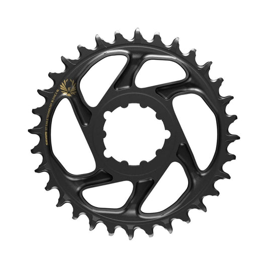 Plato monoplato SRAM EAGLE X-SYNC 2 SL BOOST de 12 velocidades, montaje directo, desplazamiento de 3 mm, negro y dorado — vista del plato sobre fondo blanco