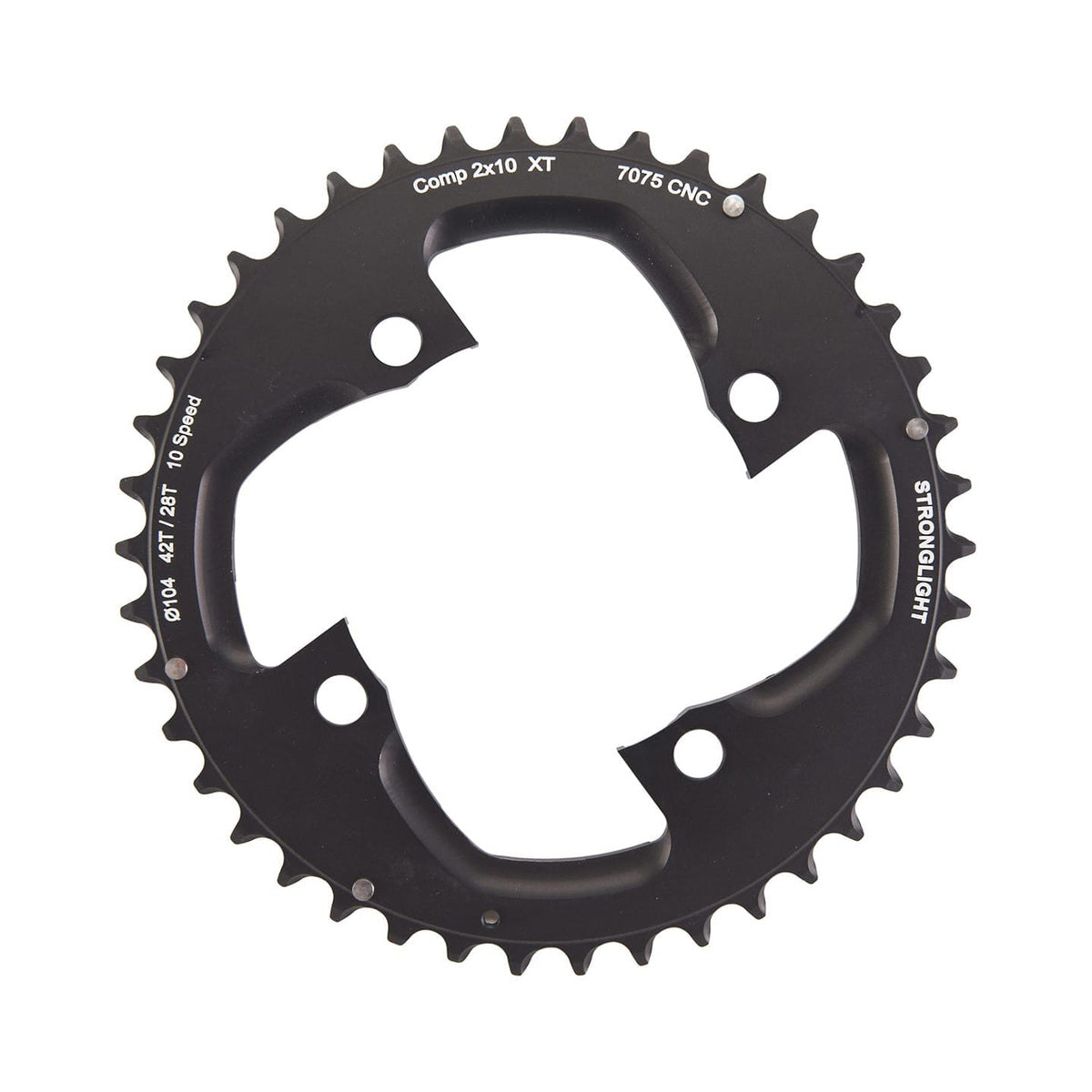 Plato exterior STRONGLIGHT para SHIMANO XT M785 de 10 velocidades, 4 agujeros, 104 mm — vista del plato sobre fondo blanco