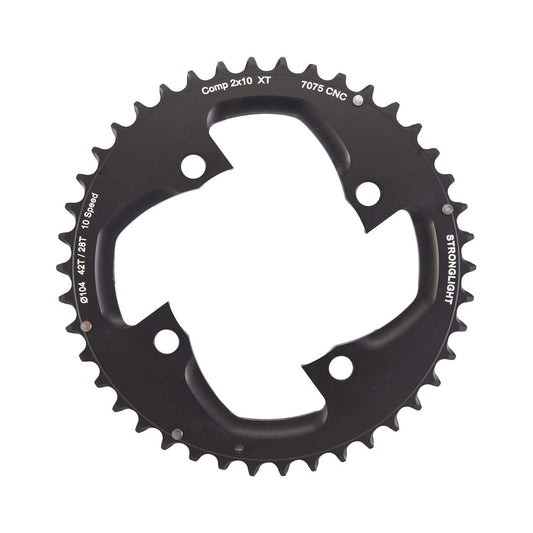 Plato exterior STRONGLIGHT para SHIMANO XT M785 de 10 velocidades, 4 agujeros, 104 mm — vista del plato sobre fondo blanco