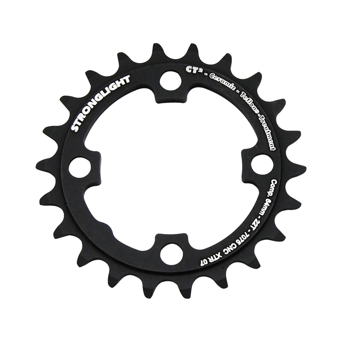 Plato interior STRONGLIGHT CT² para SHIMANO XTR M970 de 9 velocidades, 4 agujeros, 64 mm — vista del plato sobre fondo blanco