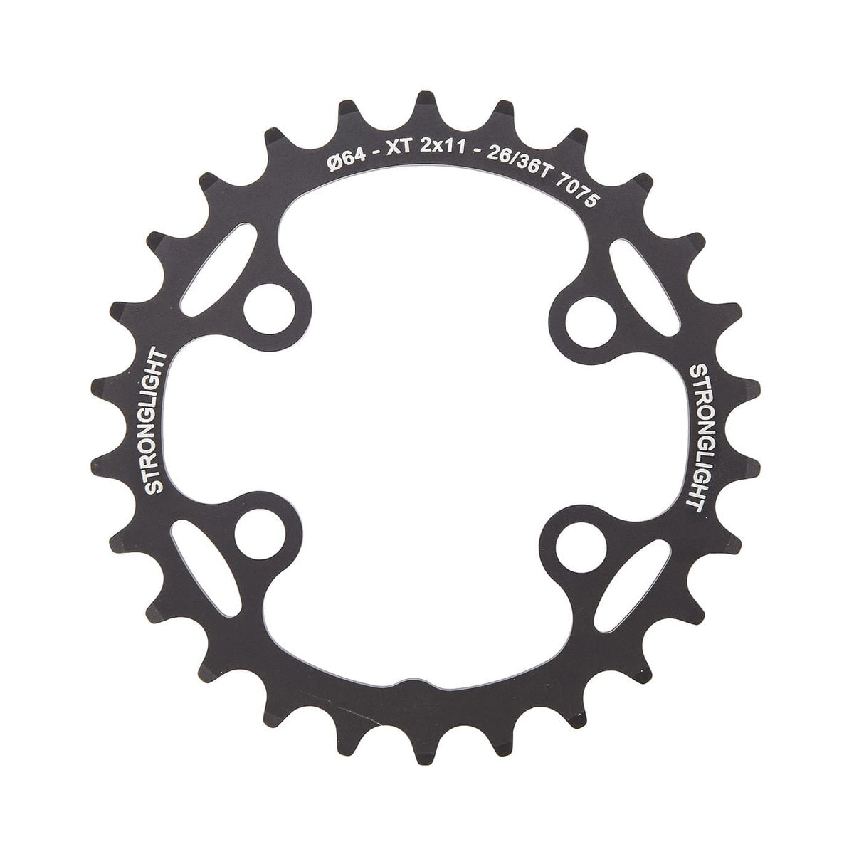 Plato interior STRONGLIGHT para Shimano XT M8000/SLX M7000 de 11 velocidades, 4 agujeros, 64 mm — vista del plato sobre fondo blanco
