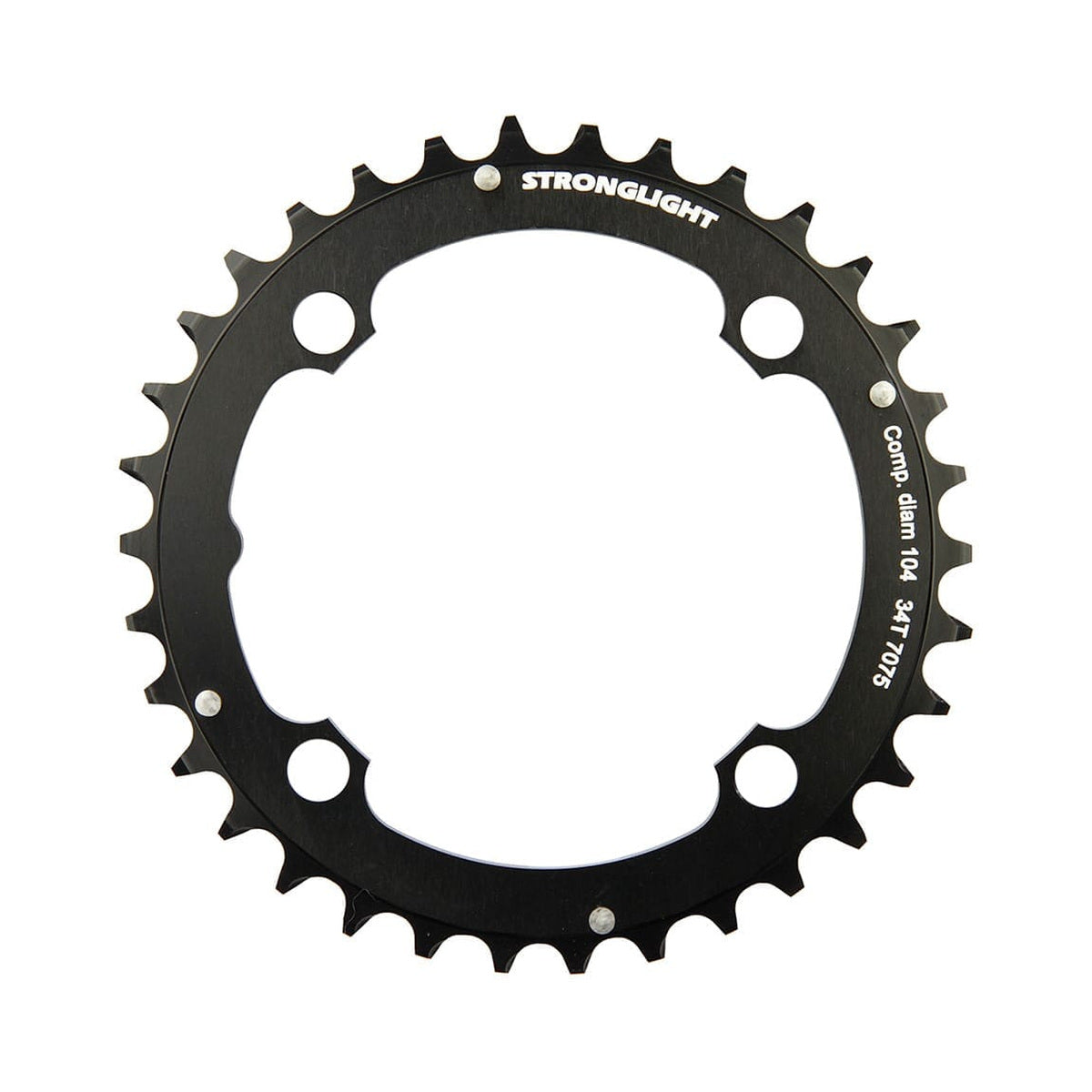Plato intermedio STRONGLIGHT de aluminio 7075, 9 velocidades, 4 agujeros, 104 mm — vista del plato sobre fondo blanco