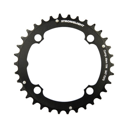 Plato intermedio STRONGLIGHT de aluminio 7075, 9 velocidades, 4 agujeros, 104 mm — vista del plato sobre fondo blanco