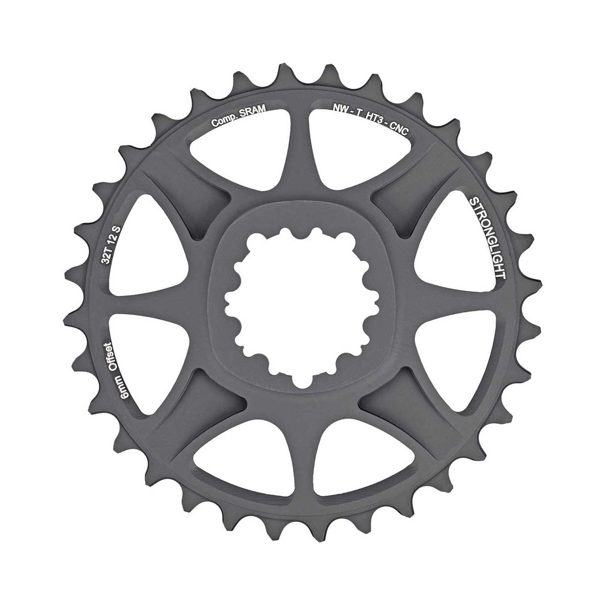 Plato monoplato STRONGLIGHT HT3 para SRAM EAGLE XX1/X01 de 12 velocidades, montaje directo, desplazamiento de 6 mm — vista del plato sobre fondo blanco