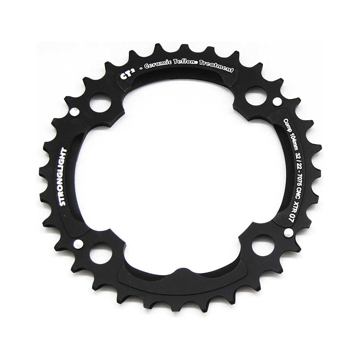 Plato intermedio STRONGLIGHT CT² para SHIMANO XTR M970 de 9 velocidades, 4 agujeros, 104 mm — vista del plato sobre fondo blanco