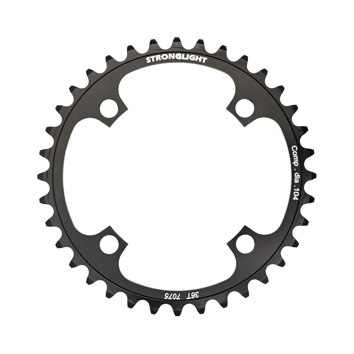 Plato monoplato STRONGLIGHT de aluminio 7075 para descenso, 8/9 velocidades, 4 agujeros, 104 mm — vista del plato sobre fondo blanco