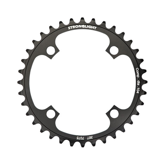 Plato monoplato STRONGLIGHT de aluminio 7075 para descenso, 8/9 velocidades, 4 agujeros, 104 mm — vista del plato sobre fondo blanco