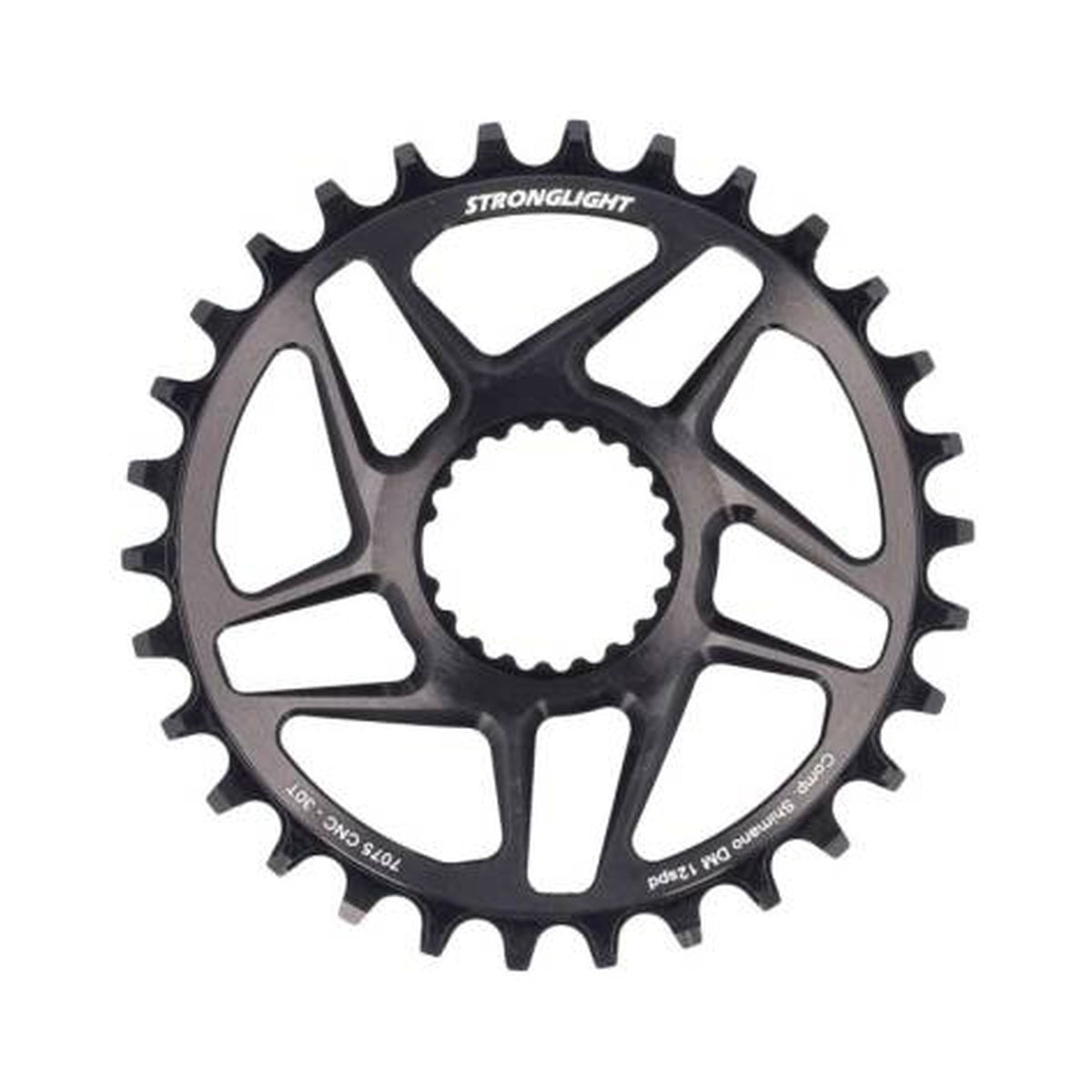 Plato monoplato STRONGLIGHT de 12 velocidades para Shimano, montaje directo, negro — vista del plato sobre fondo blanco