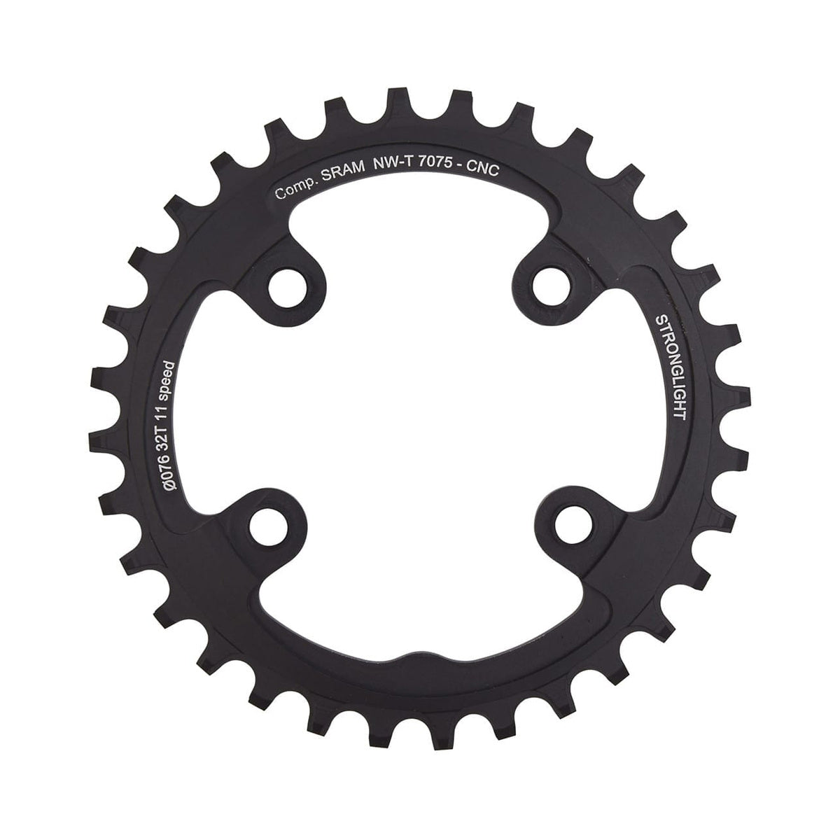 Plato monoplato STRONGLIGHT de aluminio 7075 y dentado estrecho-ancho para Sram XX1 de 11 velocidades, 4 agujeros, 76 mm — vista del plato sobre fondo blanco