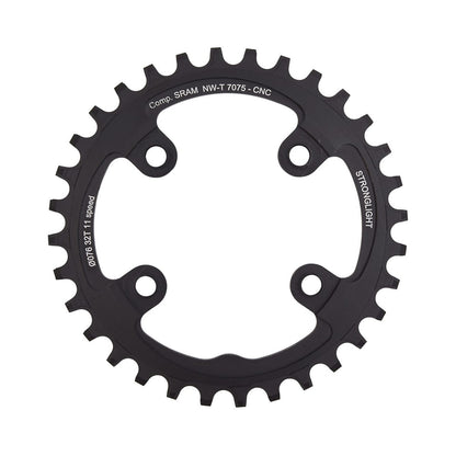 Plato monoplato STRONGLIGHT de aluminio 7075 y dentado estrecho-ancho para Sram XX1 de 11 velocidades, 4 agujeros, 76 mm — vista del plato sobre fondo blanco