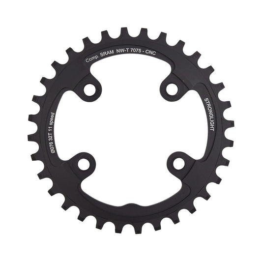 Plato monoplato STRONGLIGHT de aluminio 7075 y dentado estrecho-ancho para Sram XX1 de 11 velocidades, 4 agujeros, 76 mm — vista del plato sobre fondo blanco
