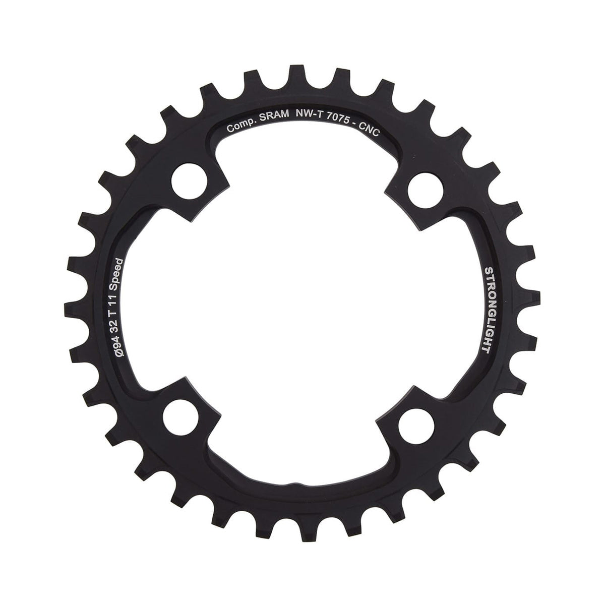 Plato monoplato STRONGLIGHT de aluminio 7075 y dentado estrecho-ancho para Sram X01 de 11 velocidades, 4 agujeros, 94 mm — vista del plato sobre fondo blanco
