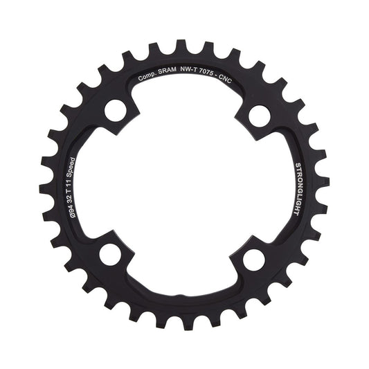 Plato monoplato STRONGLIGHT de aluminio 7075 y dentado estrecho-ancho para Sram X01 de 11 velocidades, 4 agujeros, 94 mm — vista del plato sobre fondo blanco