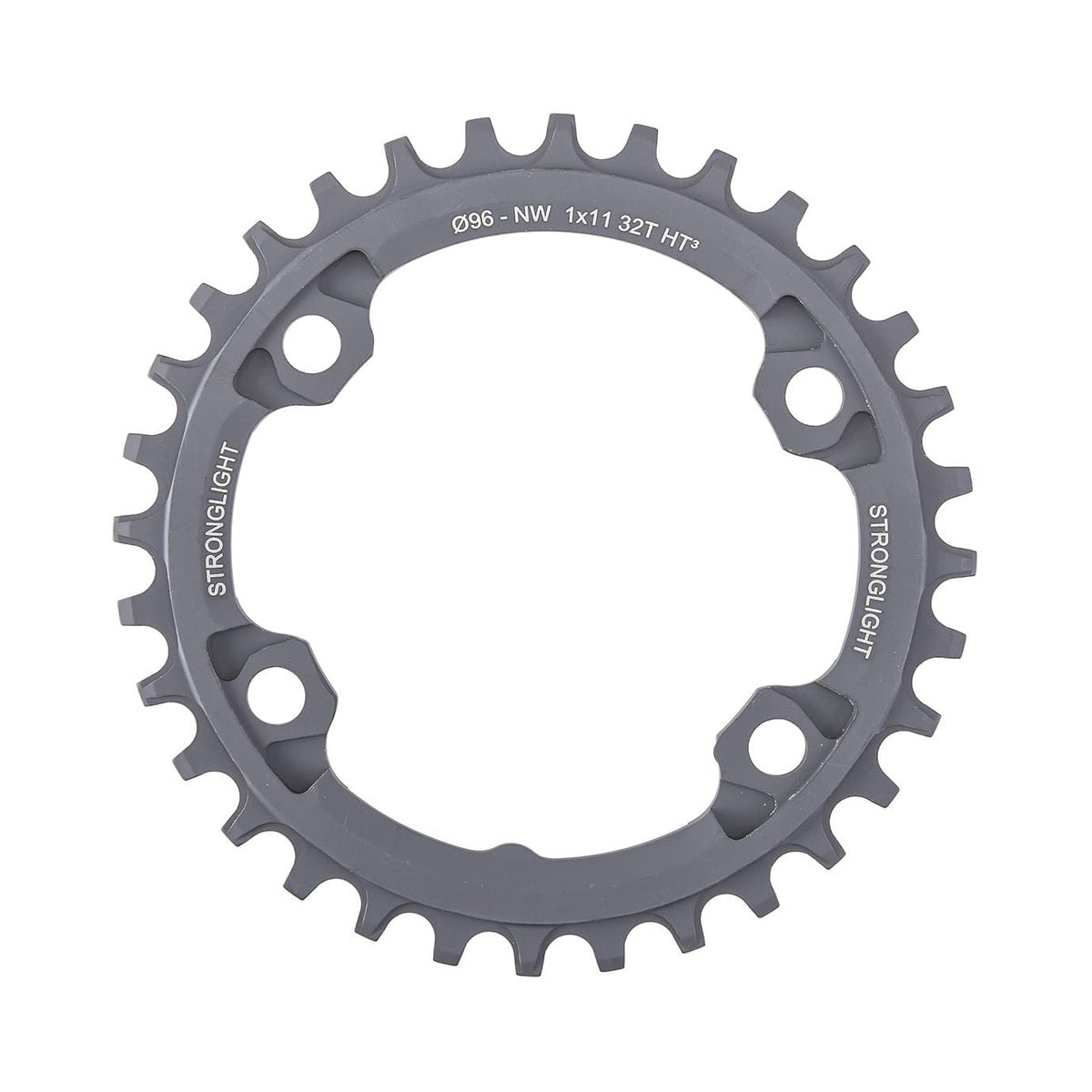 Plato monoplato STRONGLIGHT HT3 de dentado estrecho-ancho para Shimano XTR M9000/M9020/XT M8000 de 11 velocidades, 4 agujeros, 96 mm — vista del plato sobre fondo blanco
