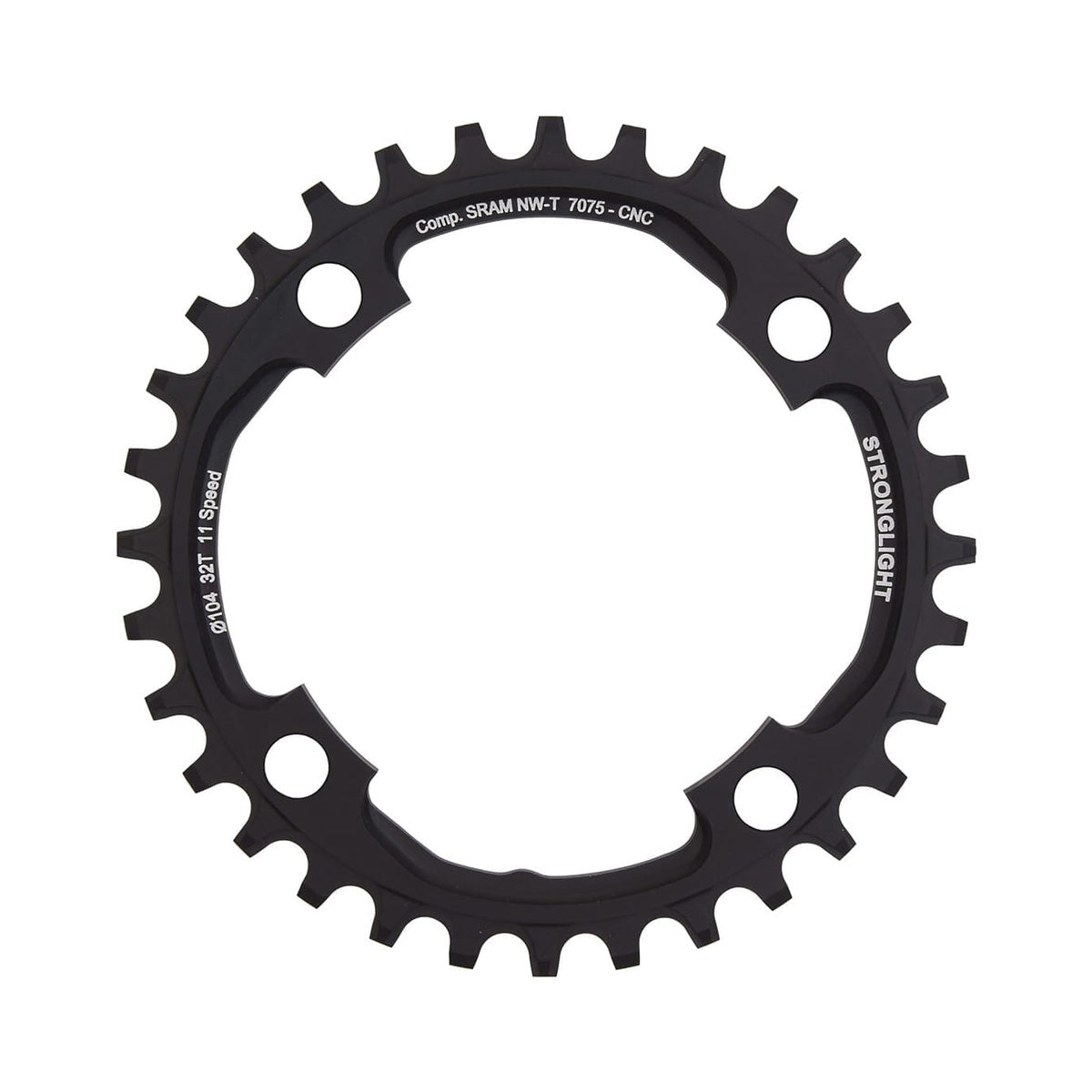 Plato monoplato STRONGLIGHT de aluminio 7075 y dentado estrecho-ancho para Sram X01 de 11 velocidades, 4 agujeros, 104 mm — vista del plato sobre fondo blanco