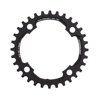 Plato monoplato STRONGLIGHT de aluminio 7075 y dentado estrecho-ancho para Sram X01 de 11 velocidades, 4 agujeros, 104 mm — vista del plato sobre fondo blanco