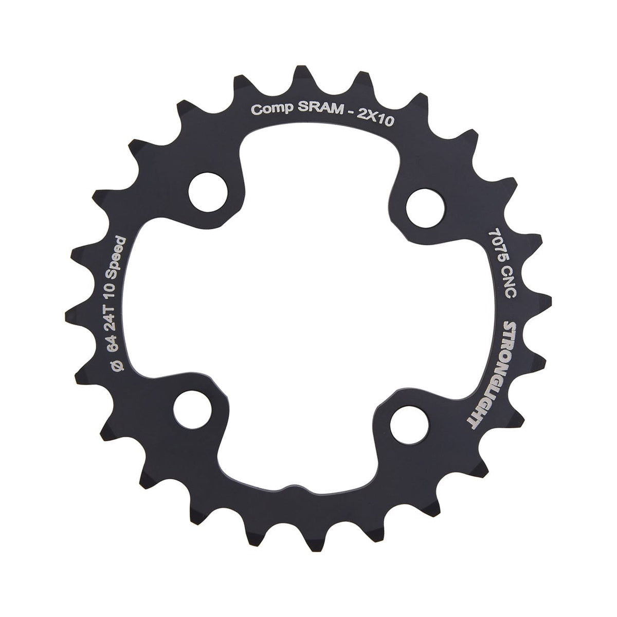 Plato interior STRONGLIGHT de aluminio 7075 para doble plato, 10 velocidades, 4 agujeros, 64 mm — vista del plato sobre fondo blanco