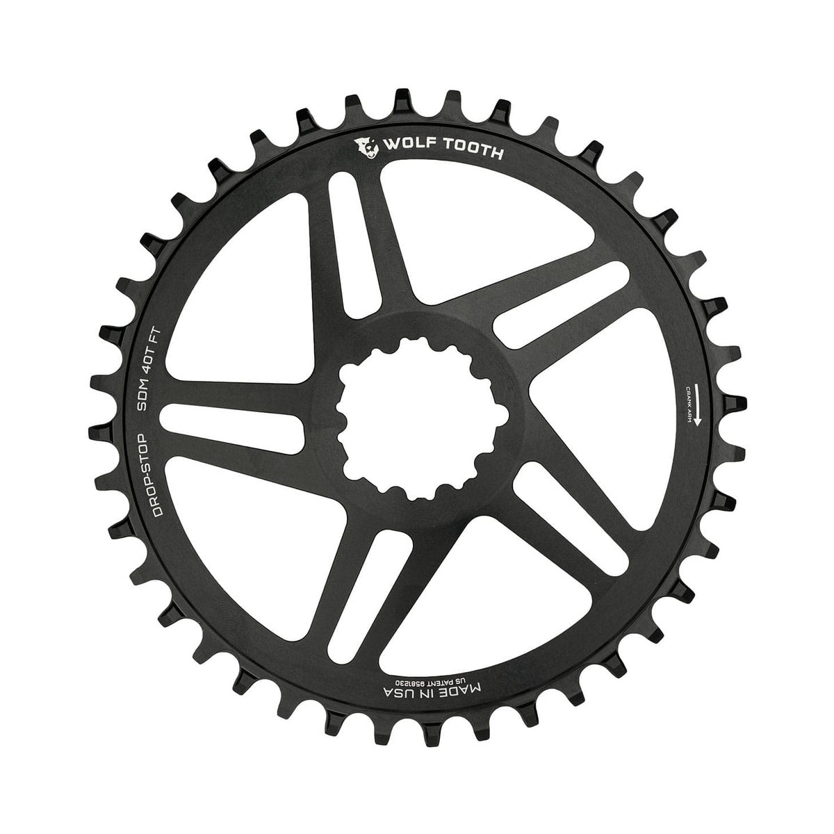 Plato monoplato WOLF TOOTH de 10/11/12 velocidades para Sram, montaje directo, desplazamiento de 6 mm, negro — vista del plato sobre fondo blanco