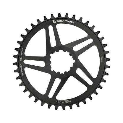 Plato monoplato WOLF TOOTH de 10/11/12 velocidades para Sram, montaje directo, desplazamiento de 6 mm, negro — vista del plato sobre fondo blanco