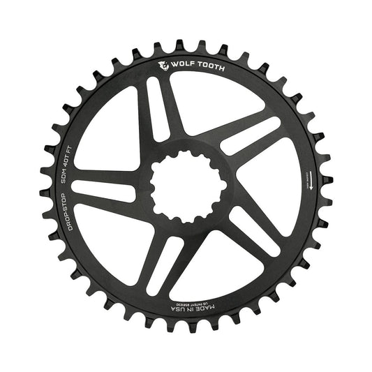 Plato monoplato WOLF TOOTH de 10/11/12 velocidades para Sram, montaje directo, desplazamiento de 6 mm, negro — vista del plato sobre fondo blanco