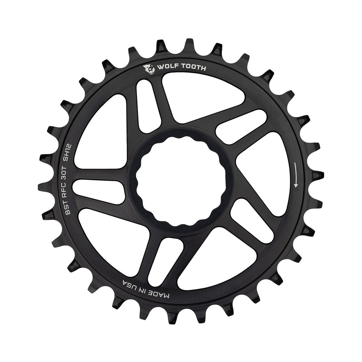 Plato monoplato WOLF TOOTH BOOST de 12 velocidades para Raceface CINCH Shimano, montaje directo, desplazamiento de 3 mm, negro — vista del plato sobre fondo blanco