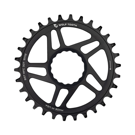 Plato monoplato WOLF TOOTH BOOST de 12 velocidades para Raceface CINCH Shimano, montaje directo, desplazamiento de 3 mm, negro — vista del plato sobre fondo blanco