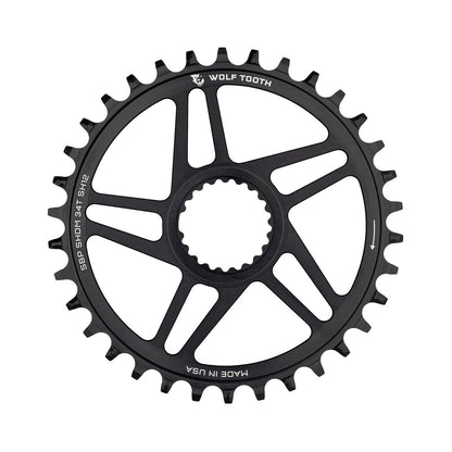Plato monoplato WOLF TOOTH BOOST de 12 velocidades para Shimano, montaje directo, desplazamiento de 3 mm, negro — vista del plato sobre fondo blanco