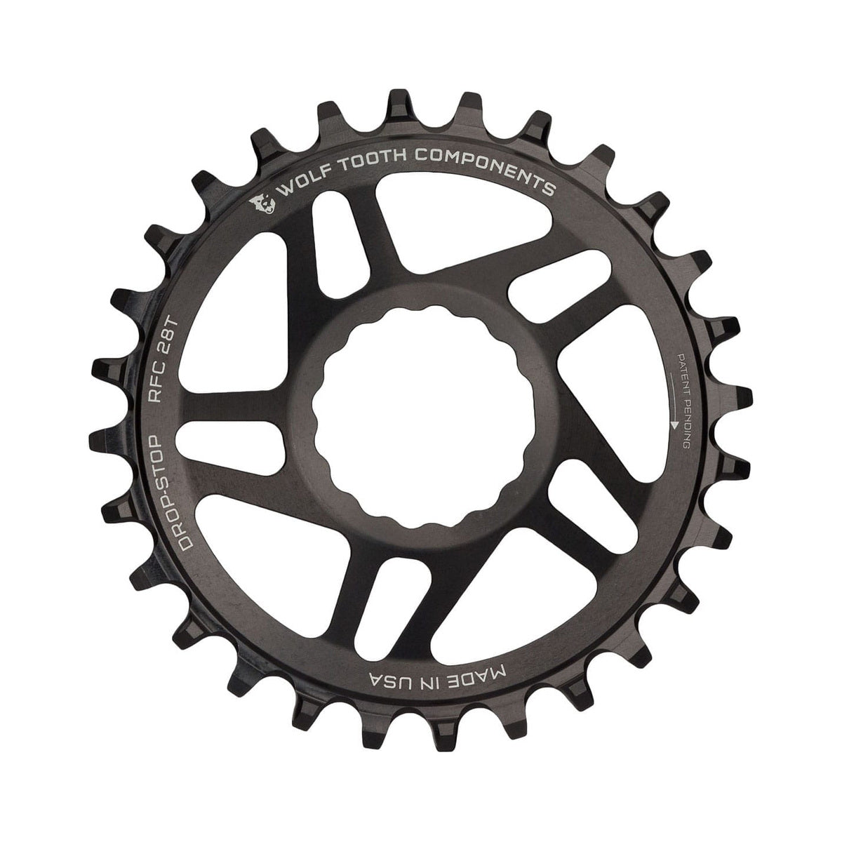 Plato monoplato WOLF TOOTH de 9/10/11/12 velocidades para Raceface CINCH, montaje directo, desplazamiento de 6 mm, negro — vista del plato sobre fondo blanco