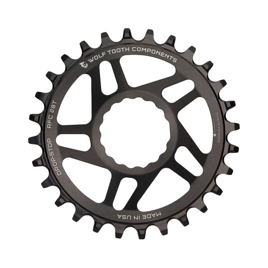 Plato monoplato WOLF TOOTH de 9/10/11/12 velocidades para Raceface CINCH, montaje directo, desplazamiento de 6 mm, negro — vista del plato sobre fondo blanco