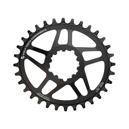Plato ovalado monoplato WOLF TOOTH ELLIPTICAL de 10/11/12 velocidades para Sram, montaje directo, desplazamiento de 6 mm, negro — vista del plato sobre fondo blanco