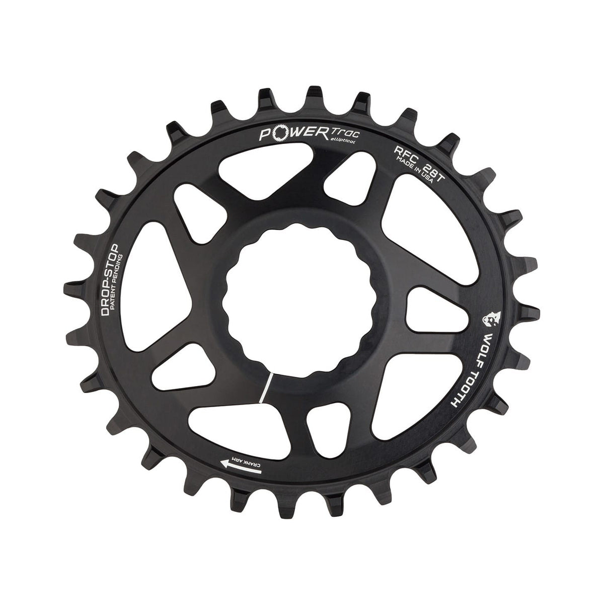 Plato ovalado monoplato WOLF TOOTH ELLIPTICAL de 9/10/11/12 velocidades para Raceface CINCH, montaje directo, desplazamiento de 6 mm, negro — vista del plato sobre fondo blanco