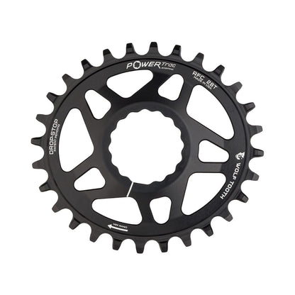 Plato ovalado monoplato WOLF TOOTH ELLIPTICAL de 9/10/11/12 velocidades para Raceface CINCH, montaje directo, desplazamiento de 6 mm, negro — vista del plato sobre fondo blanco