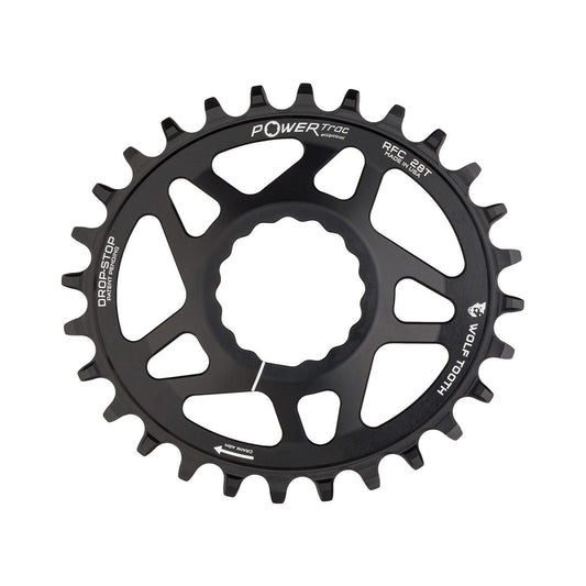 Plato ovalado monoplato WOLF TOOTH ELLIPTICAL de 9/10/11/12 velocidades para Raceface CINCH, montaje directo, desplazamiento de 6 mm, negro — vista del plato sobre fondo blanco