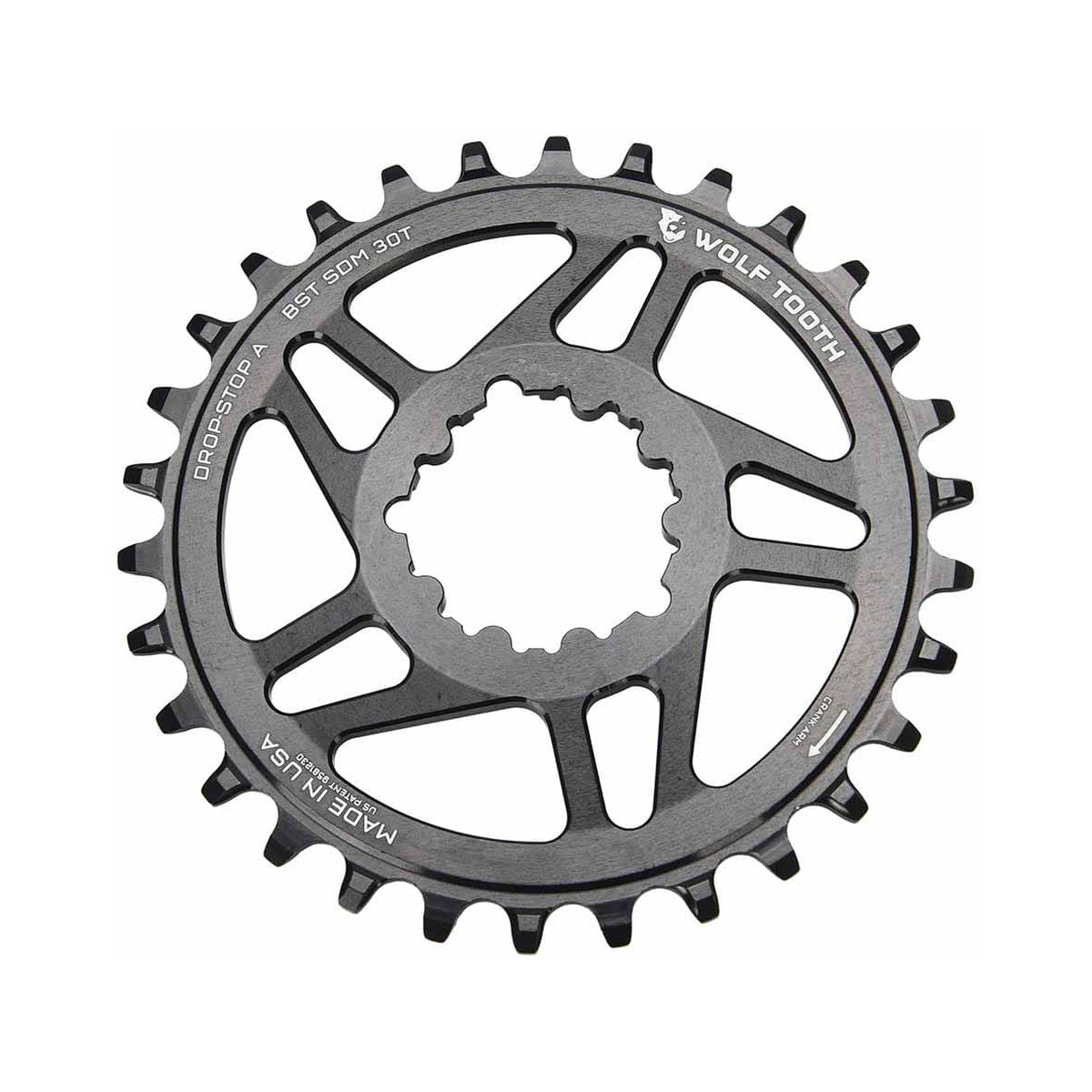 Plato monoplato WOLF TOOTH BOOST de 10/11/12 velocidades para Sram, montaje directo, desplazamiento de 3 mm, negro — vista del plato sobre fondo blanco