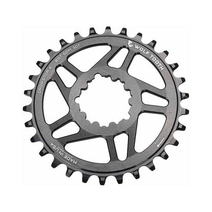 Plato monoplato WOLF TOOTH BOOST de 10/11/12 velocidades para Sram, montaje directo, desplazamiento de 3 mm, negro — vista del plato sobre fondo blanco