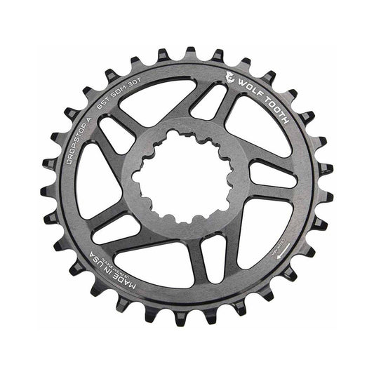 Plato monoplato WOLF TOOTH BOOST de 10/11/12 velocidades para Sram, montaje directo, desplazamiento de 3 mm, negro — vista del plato sobre fondo blanco
