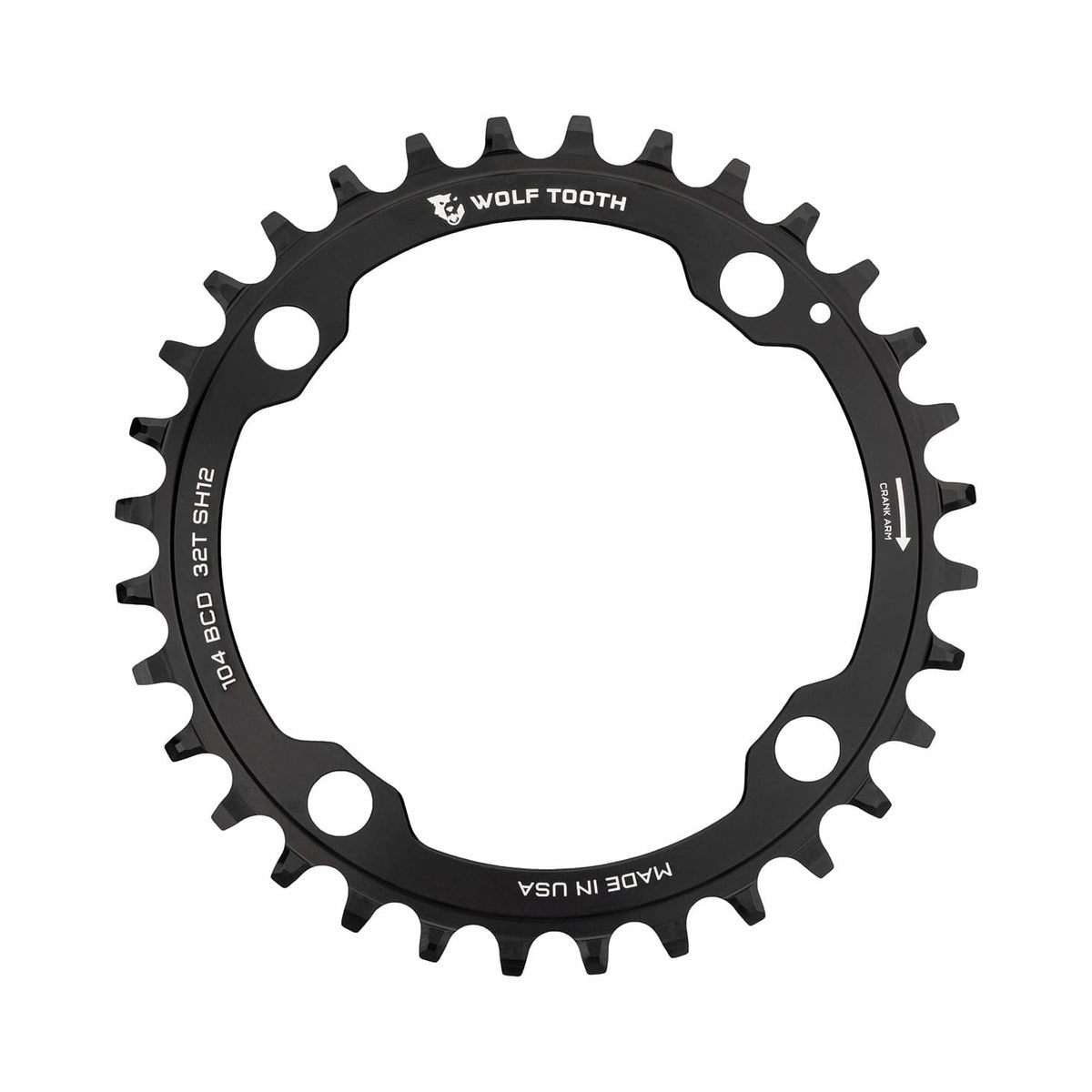 Plato monoplato WOLF TOOTH de 104 BCD, 12 velocidades, para Shimano, 4 agujeros, 104 mm, negro — vista del plato sobre fondo blanco