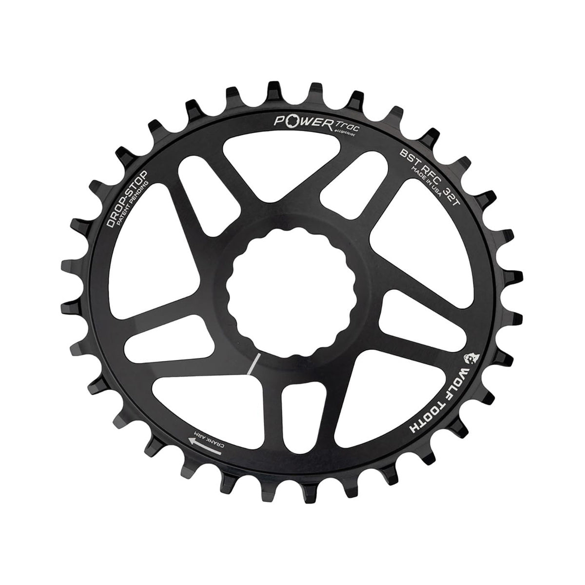 Plato ovalado monoplato WOLF TOOTH ELLIPTICAL BOOST de 12 velocidades para Raceface CINCH, montaje directo, desplazamiento de 3 mm, negro — vista del plato sobre fondo blanco