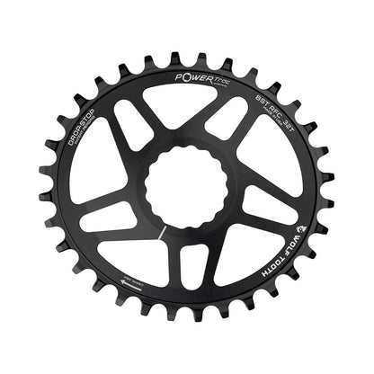 Plato ovalado monoplato WOLF TOOTH ELLIPTICAL BOOST de 12 velocidades para Raceface CINCH, montaje directo, desplazamiento de 3 mm, negro — vista del plato sobre fondo blanco