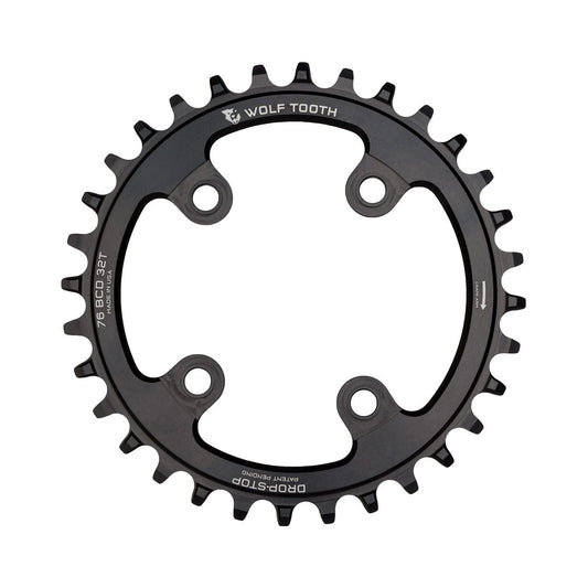 Plato monoplato WOLF TOOTH de 76 BCD, 10/11/12 velocidades, para Sram XX1/Specialized STOUT, 4 agujeros, 76 mm, negro — vista del plato sobre fondo blanco