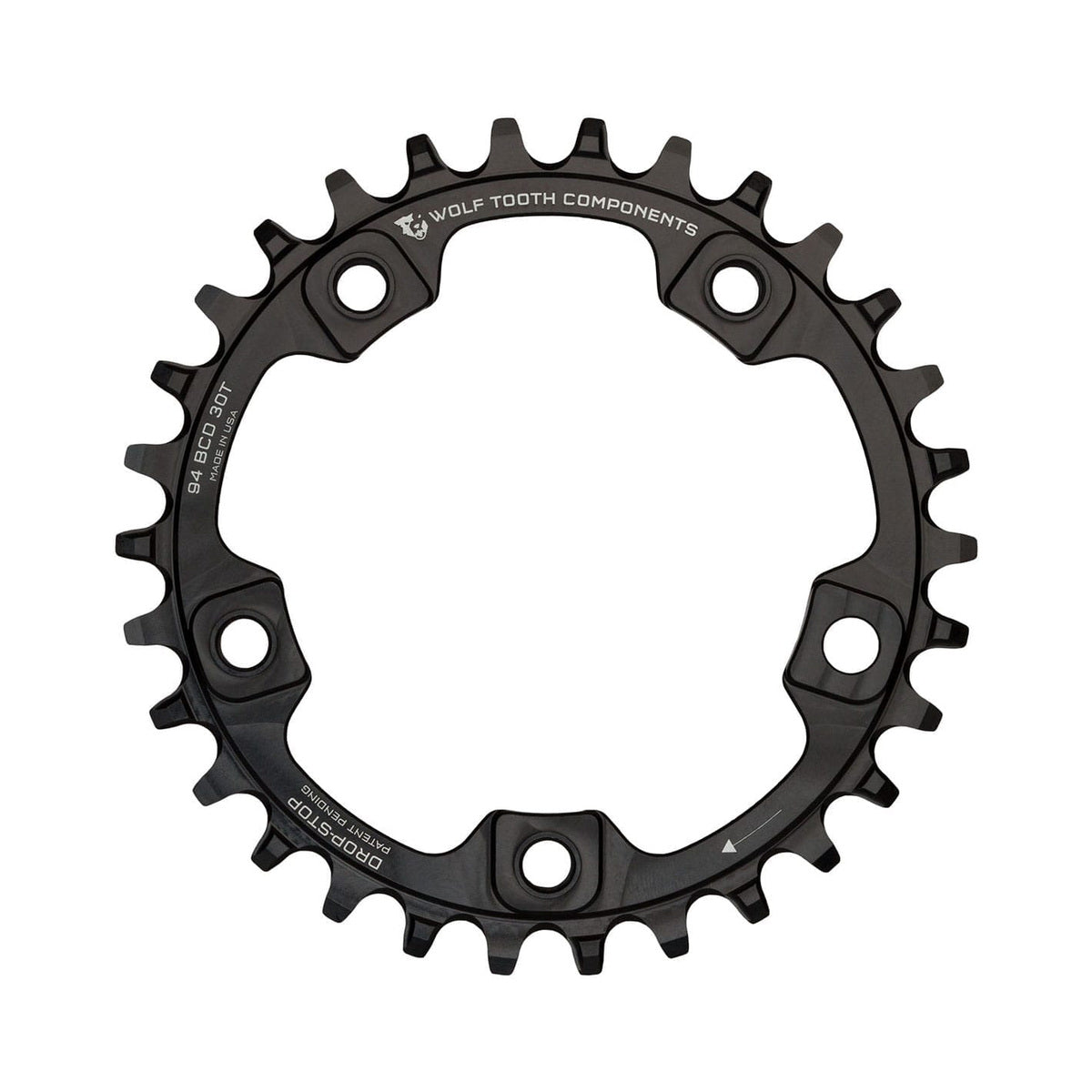 Plato monoplato WOLF TOOTH de 94 BCD, 9/10/11/12 velocidades, 5 agujeros, 94 mm, negro — vista del plato sobre fondo blanco