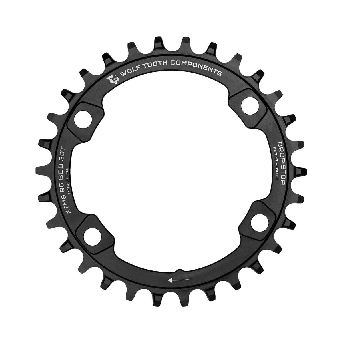 Plato monoplato WOLF TOOTH de 96 BCD, 11 velocidades, para Shimano XT M8000/SLX M7000, 4 agujeros, 96 mm, negro — vista del plato sobre fondo blanco