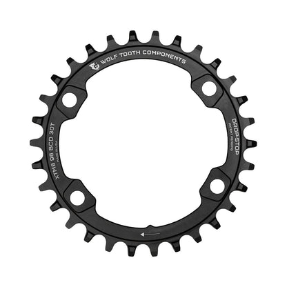 Plato monoplato WOLF TOOTH de 96 BCD, 11 velocidades, para Shimano XT M8000/SLX M7000, 4 agujeros, 96 mm, negro — vista del plato sobre fondo blanco