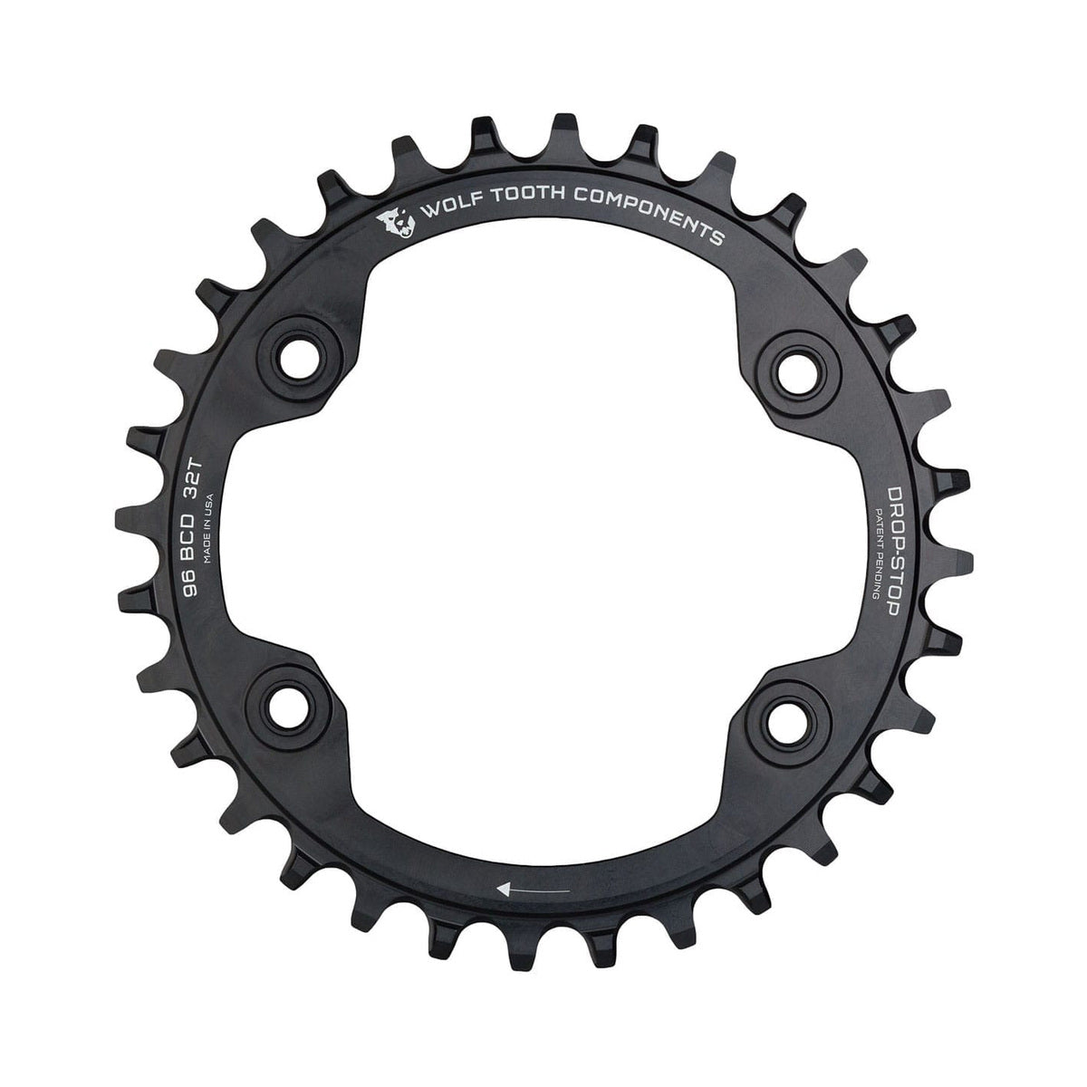 Plato monoplato WOLF TOOTH de 96 BCD, 11 velocidades, para Shimano XTR M9000/M9020, 4 agujeros, 96 mm, negro — vista del plato sobre fondo blanco