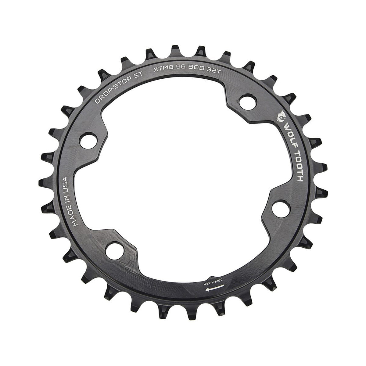 Plato monoplato WOLF TOOTH de 96 BCD, 12 velocidades, para Shimano, 4 agujeros, 96 mm, negro — vista del plato sobre fondo blanco