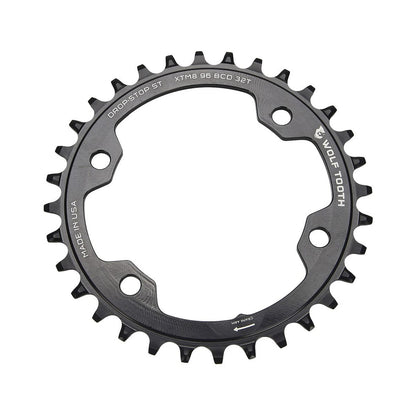 Plato monoplato WOLF TOOTH de 96 BCD, 12 velocidades, para Shimano, 4 agujeros, 96 mm, negro — vista del plato sobre fondo blanco