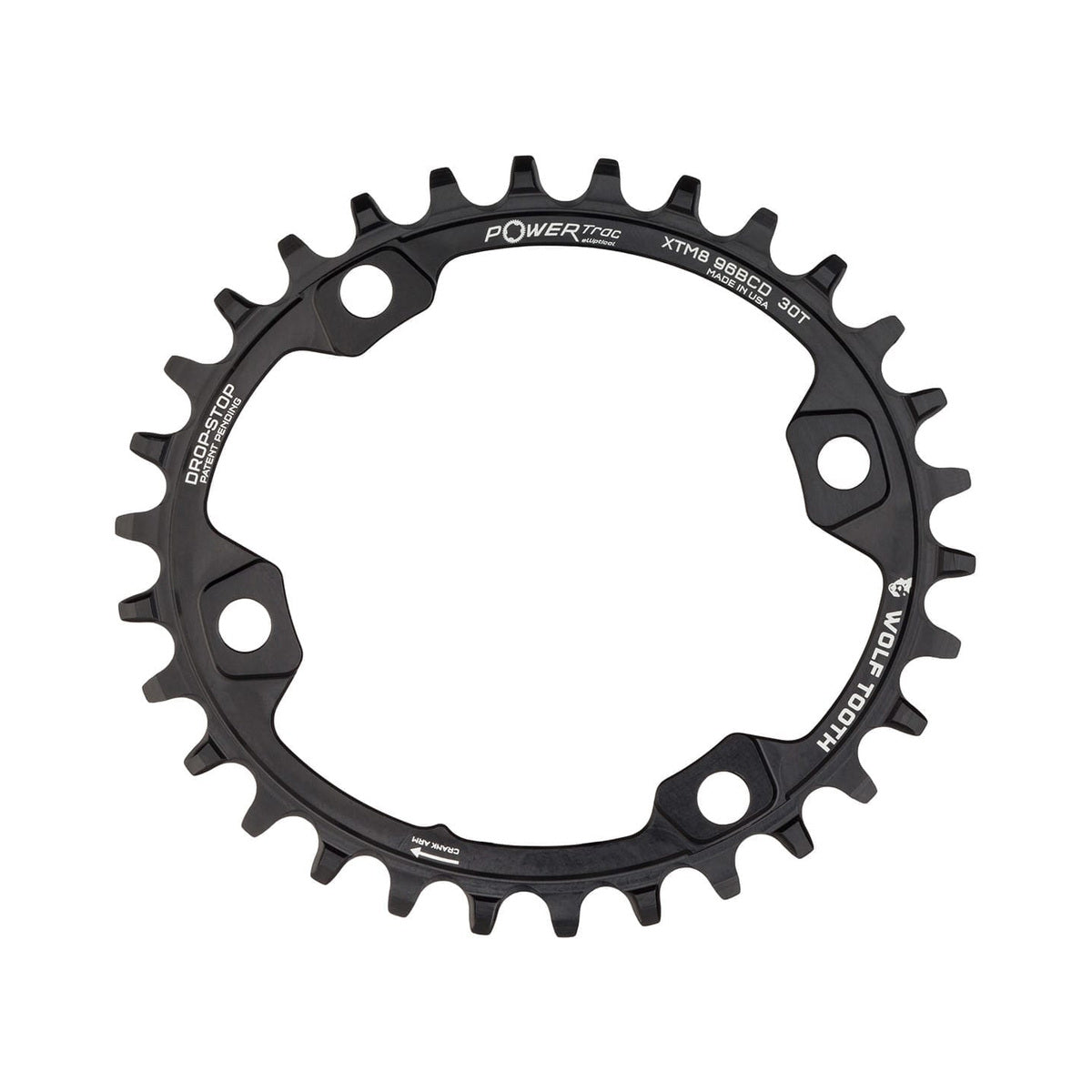 Plato ovalado monoplato WOLF TOOTH ELLIPTICAL de 96 BCD, 11 velocidades, para Shimano XT M8000/SLX M7000, 4 agujeros, 96 mm, negro — vista del plato sobre fondo blanco